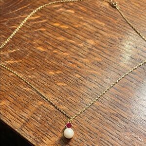 Gold Pearl Necklace with Red Stone Accent